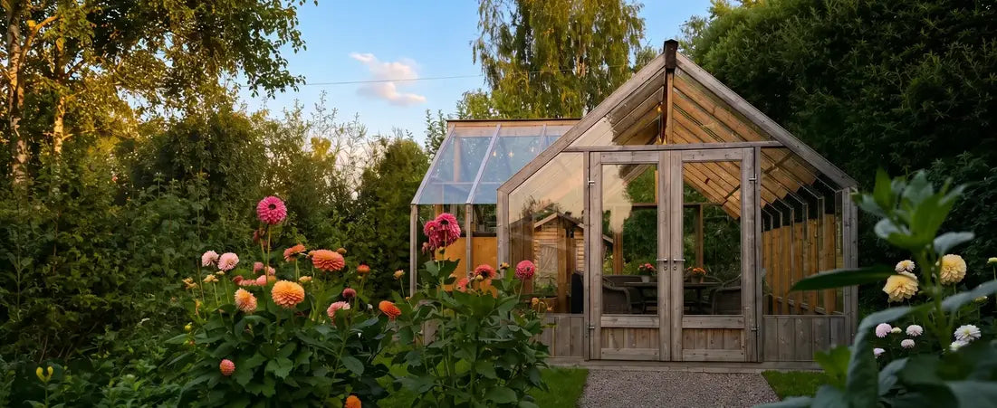 Greenhouse by a pond at golden hour