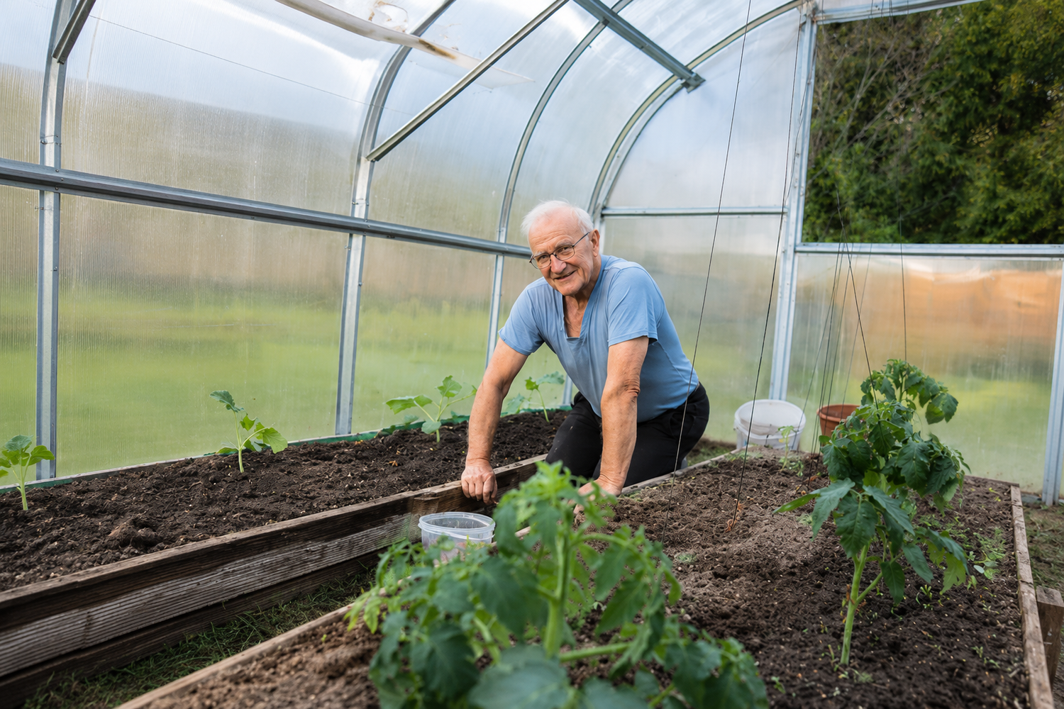 Gardener tending vegetable plants inside a 20-year-old polycarbonate greenhouse