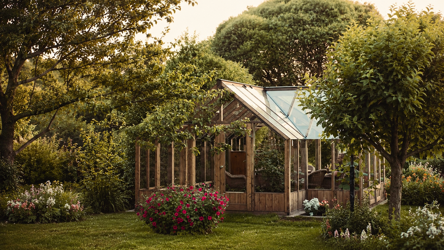 T-shape glass greenhouse placed in a lush garden with surrounding trees, flower beds, and natural sunlight