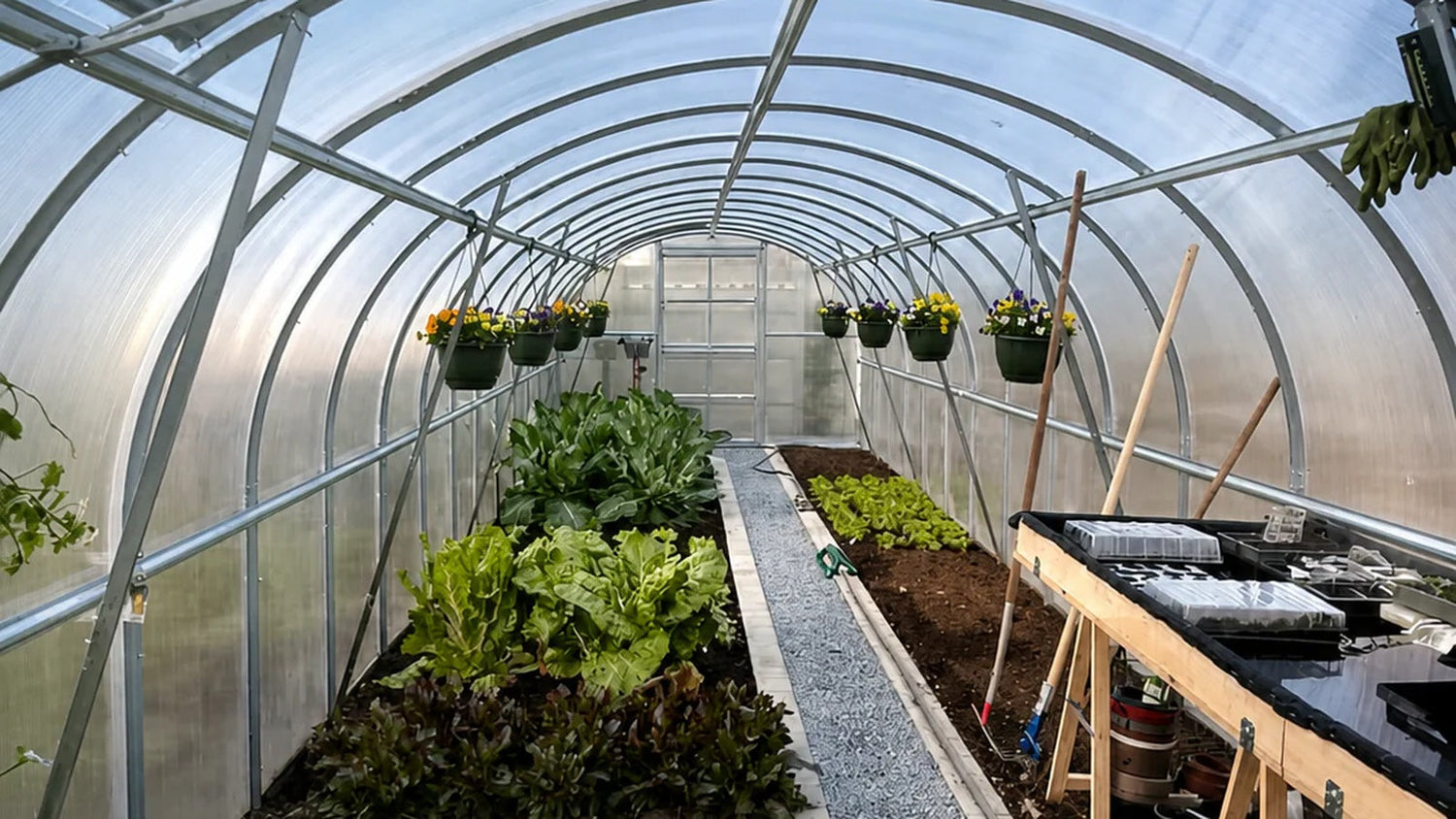 Beginner greenhouse interior with raised beds, leafy greens, hanging planters, and a central gravel walkway
