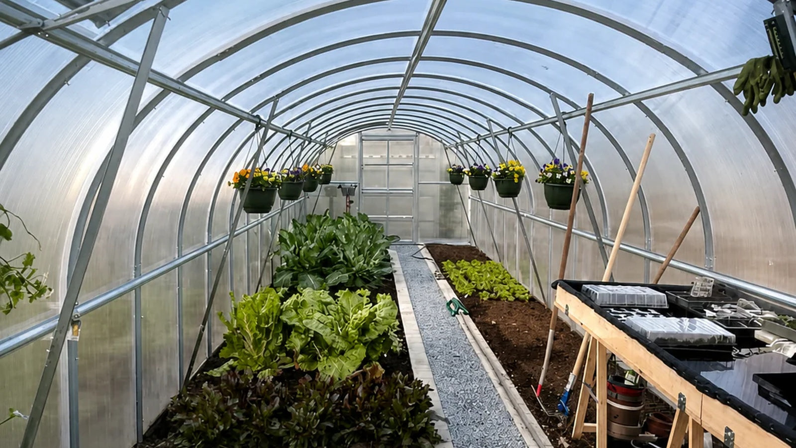 Beginner greenhouse interior with raised beds, leafy greens, hanging planters, and a central gravel walkway