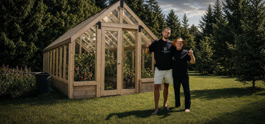 Gustavs and his dad outside one of the first YourGreenhouses builds