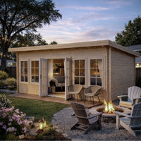 Wooden cabin with open doors, chairs, and a fire pit in a garden setting.
