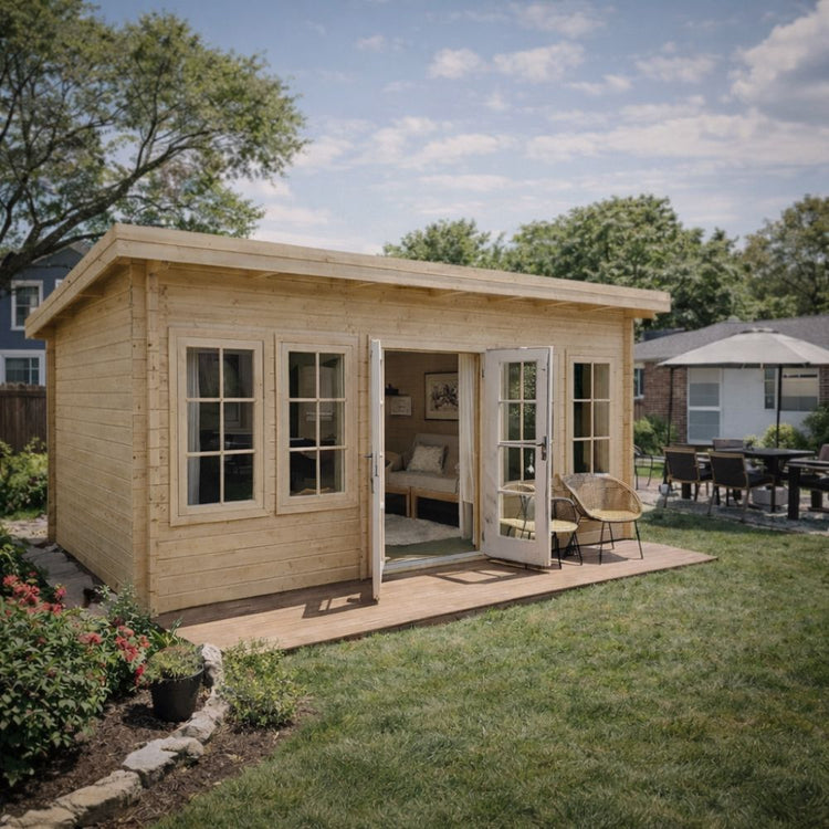 Wooden shed with a sitting area in a backyard setting