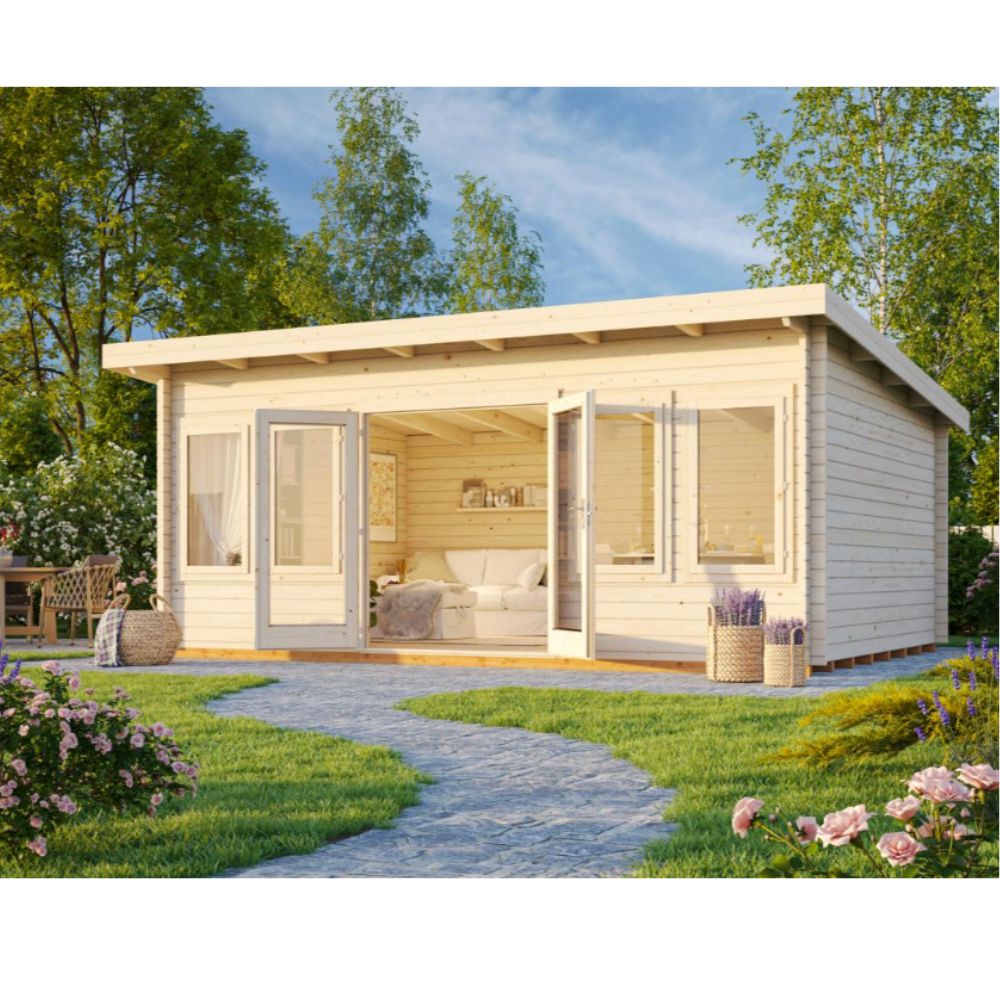 Wooden cabin with glass doors and windows in a garden setting