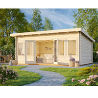 Wooden cabin with glass doors and windows in a garden setting