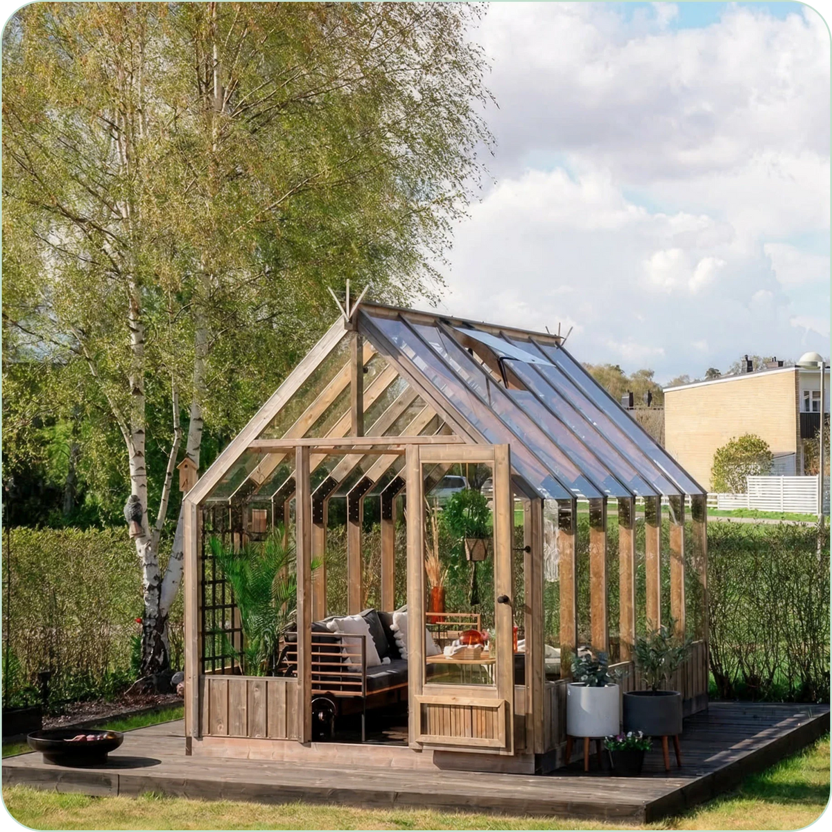 Assembled Nordwood greenhouse on a patio with outdoor furniture