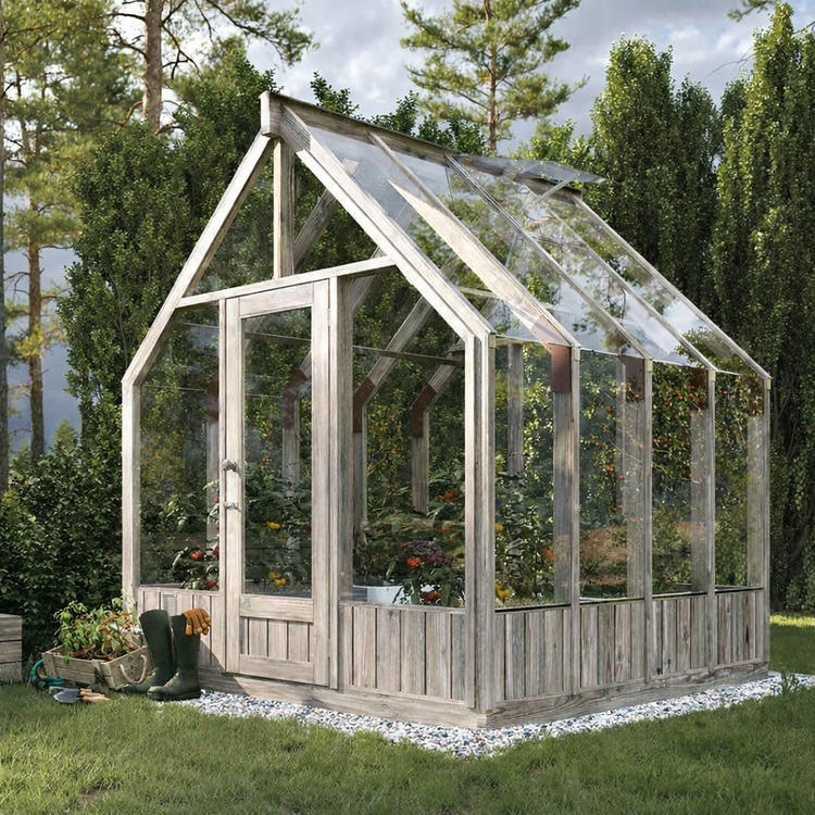 Wooden greenhouse with glass panels in a garden setting