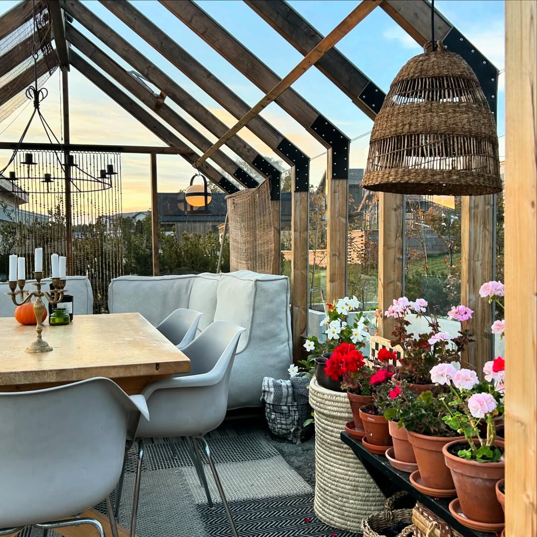 Indoor garden with potted plants, table, chairs, and a woven lampshade.