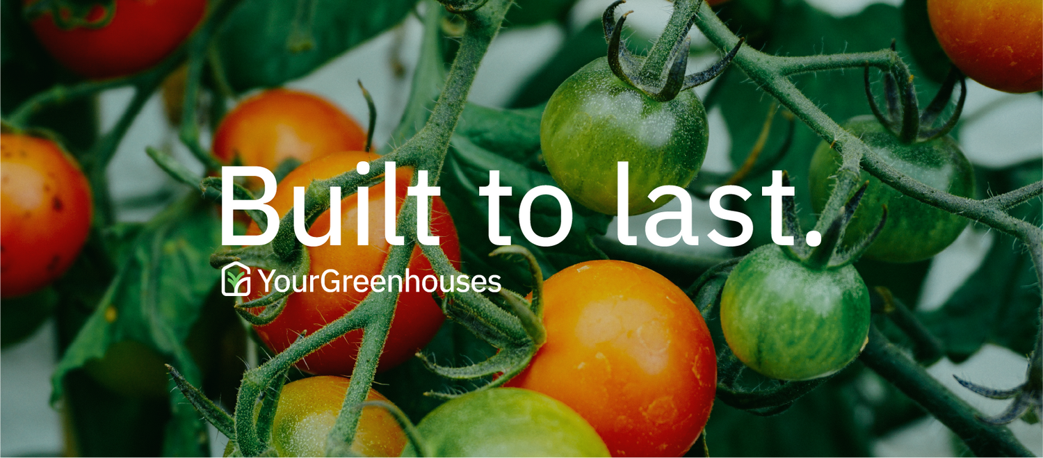 Your greenhouses logo built to last tomatoes seen in the background