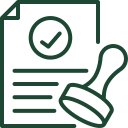 Icon of a document with a stamp and check mark, symbolizing approval or validation.