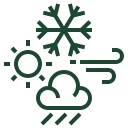 Icon of a snowflake, sun, and cloud with raindrops on a white background